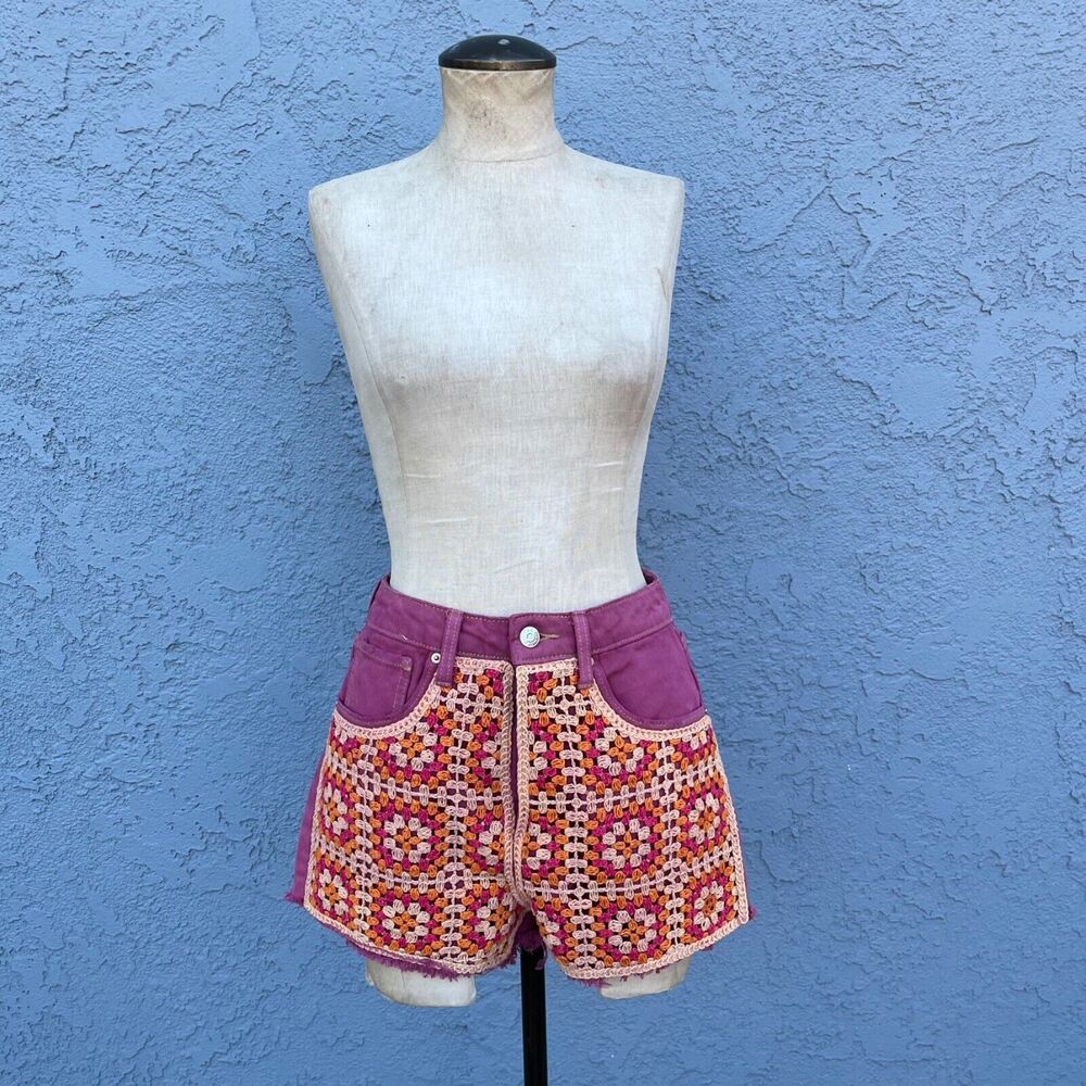 Crochet Jean Shorts Size 2 Super High Rise granny square - Picture 2 of 9
